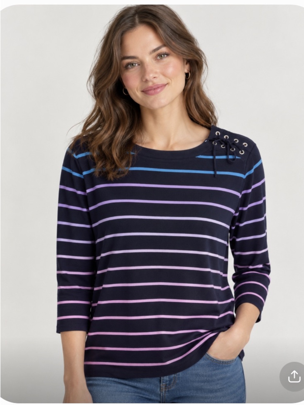 Talbots Navy Striped Long-Sleeve Top with Lace-Up Shoulder. NWOT